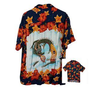 Vintage Red Dragon Hawaiian Shirt By Kennington L Floral Surf Print Short Sleeve